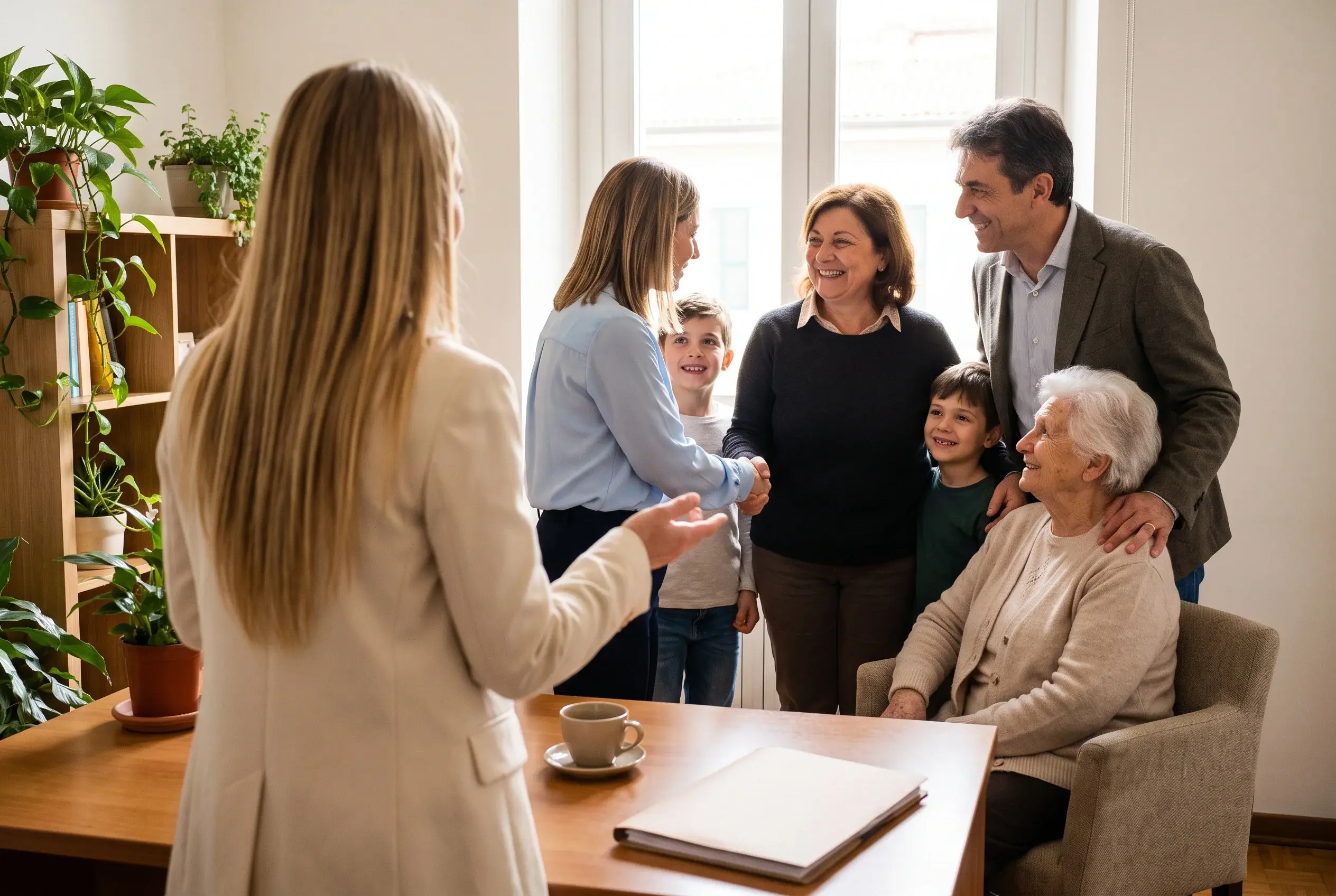 Una consulente dell’agenzia, di spalle, presenta l’assistente familiare scelta a una famiglia: si stringono la mano, la nonna in poltrona sorride, accanto il marito e due bambini